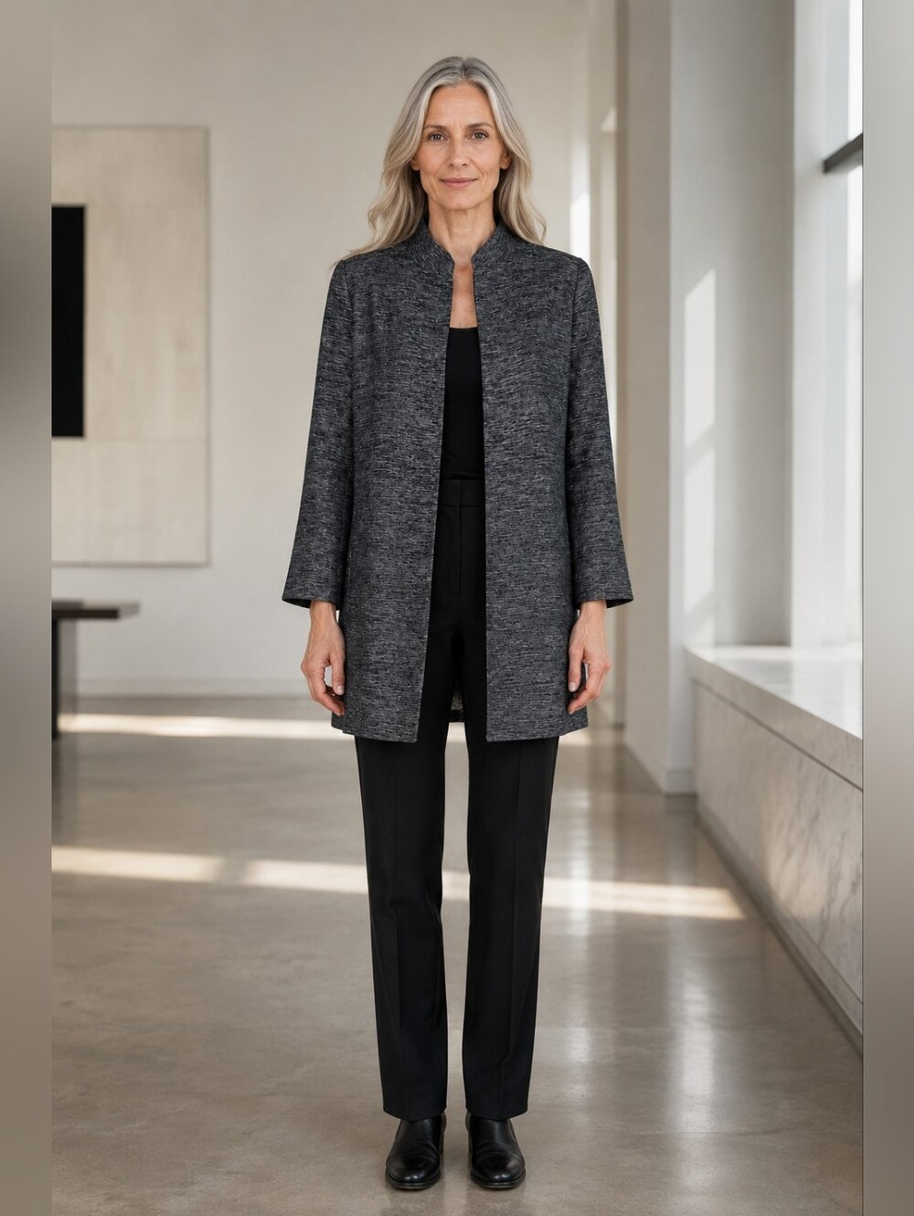 Eileen Fisher Silk Jacket Size S Black Gray Minimalist Lagenlook Artsy Textured